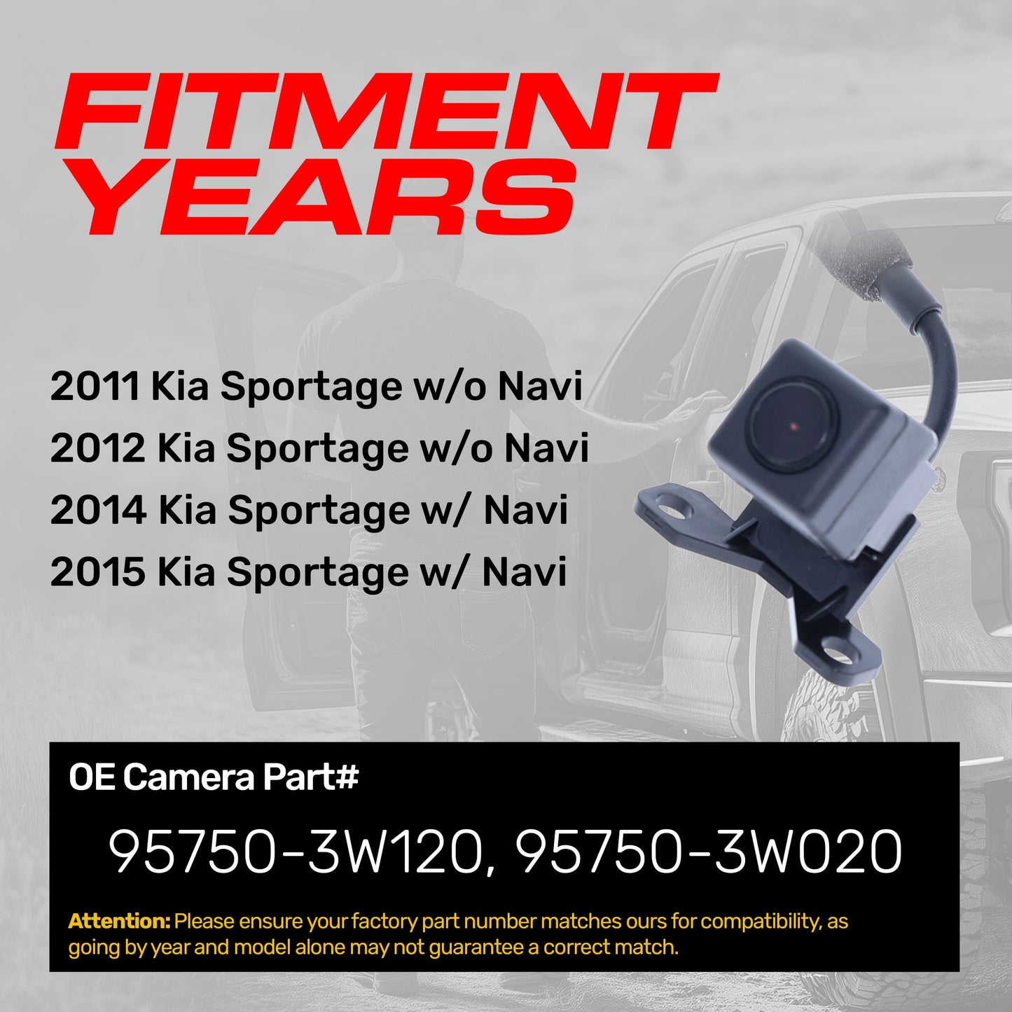 Kia Sportage w/o Navi (2011-2012), Sportage w/ Navi (2014-2015) OEM Replacement Backup Camera OE Part # 95750-3W120, 95750-3W020