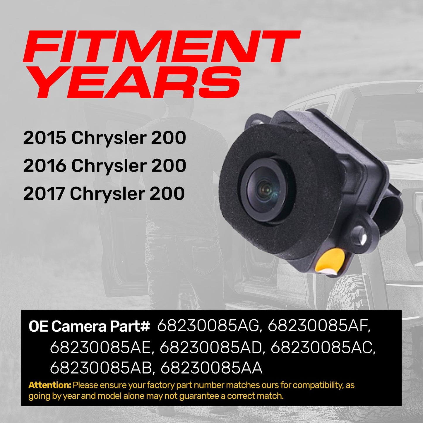 Chrysler 200 (2015-2017) OEM Replacement Backup Camera OE Part  # 68230085AG, 68230085AF, 68230085AE, 68230085AD, 68230085AC, 68230085AB, 68230085AA