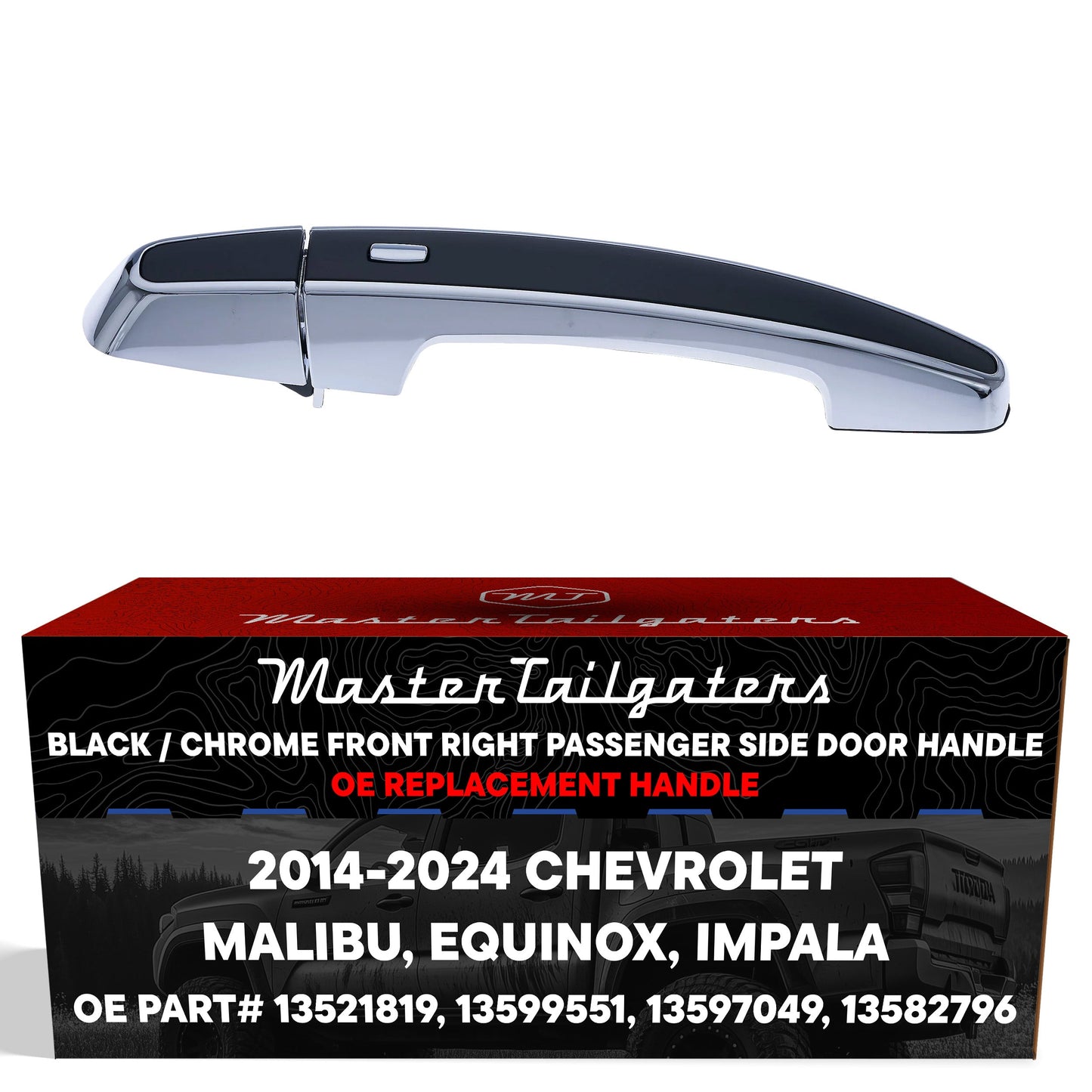 Exterior Door Handle Black/Chrome Replacement for Chevrolet Malibu (16-24), Equinox (14-24), Impala (14-24) OE Part # 13521819, 13599551, 13597049, 13582796 | Front Right Passenger Side w/o Keyhole