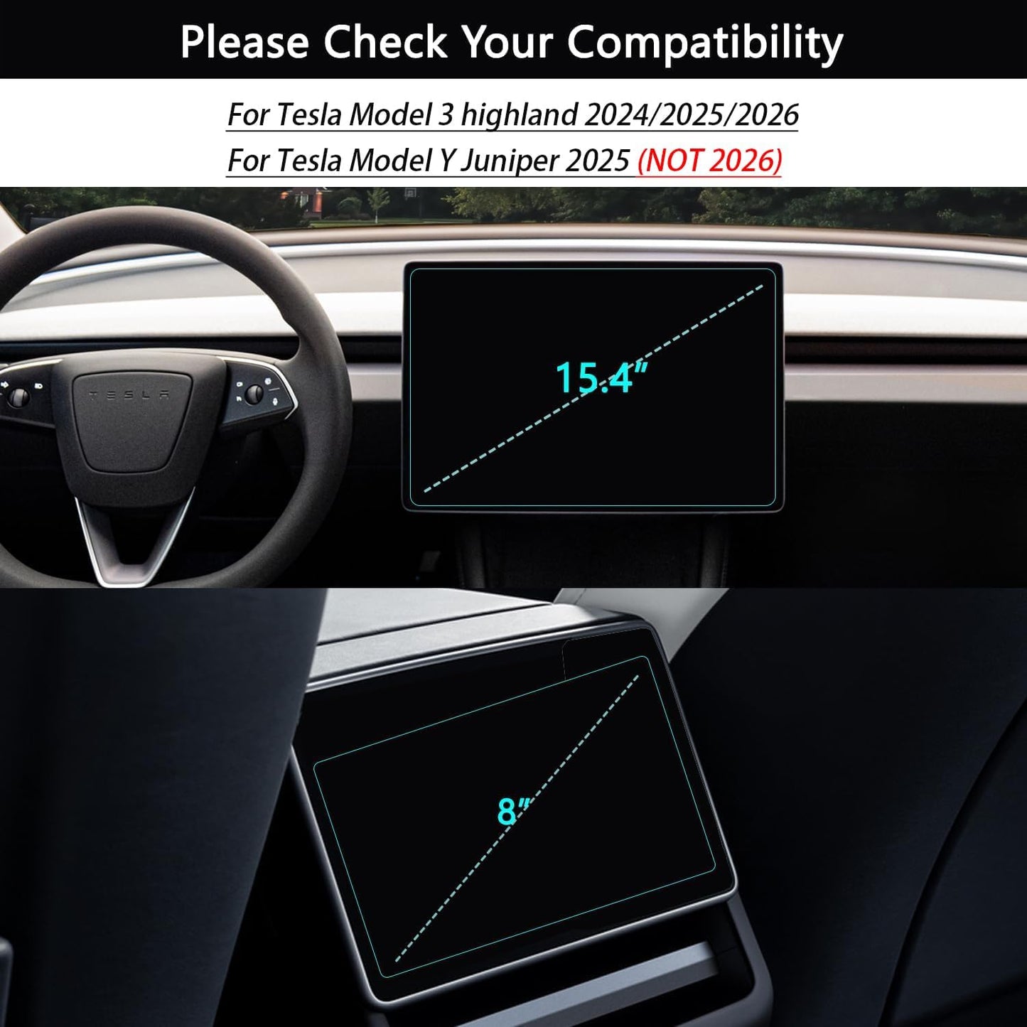 Tesla Model Y Juniper 2025-2026 & Model 3 Highland 2024-2026+ Matte Screen Protector – 2-Pack 15.4” Front & Rear 9H+ Tempered Glass, 16” Front Screen Protector Only, Anti-Glare & Fingerprint Screen Cover