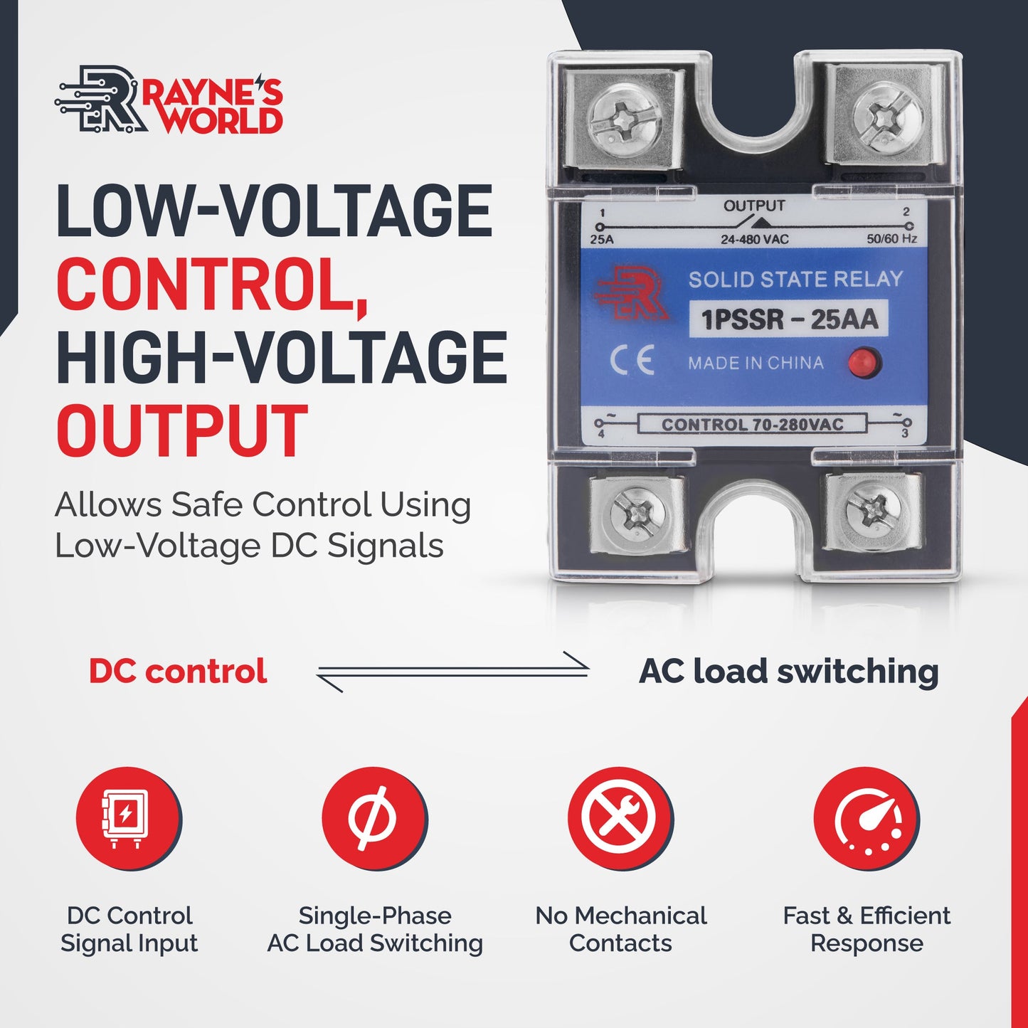 25 Amp AA Solid State Relay Module SSR-AC to AC-70-280VAC Control-24-480VAC Output