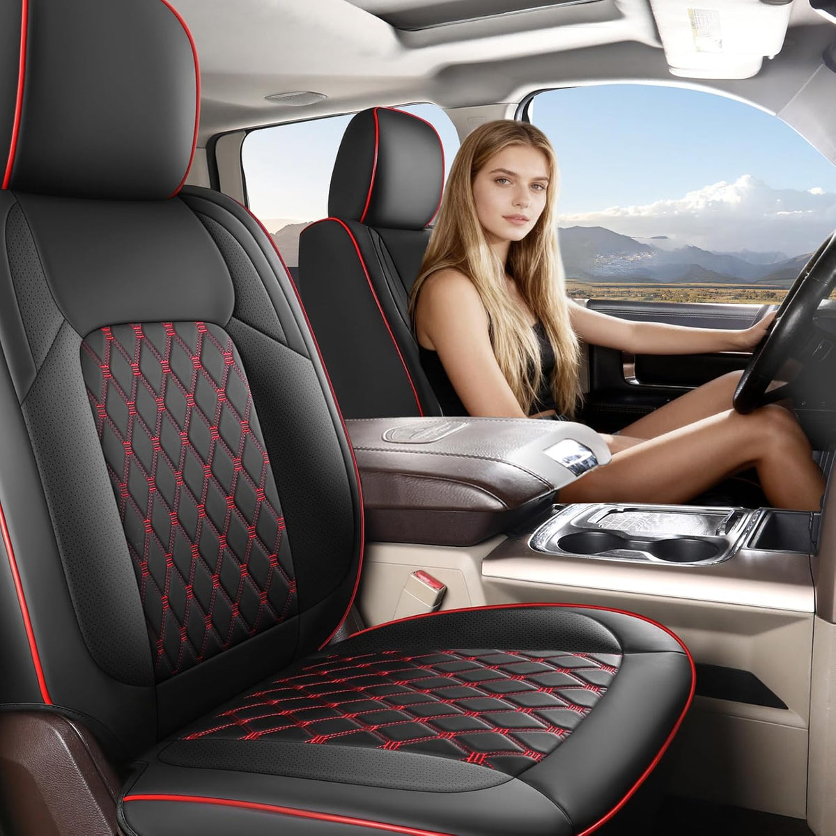 Custom Seat Covers fit for Dodge Ram 1500 2500 3500, Full Coverage Luxury Leather Ram Truck Seat Cover 2009-2025 Compatible with Crew Cab Double Quad Regular ( Full Set (Flat Front/Curved Rear))