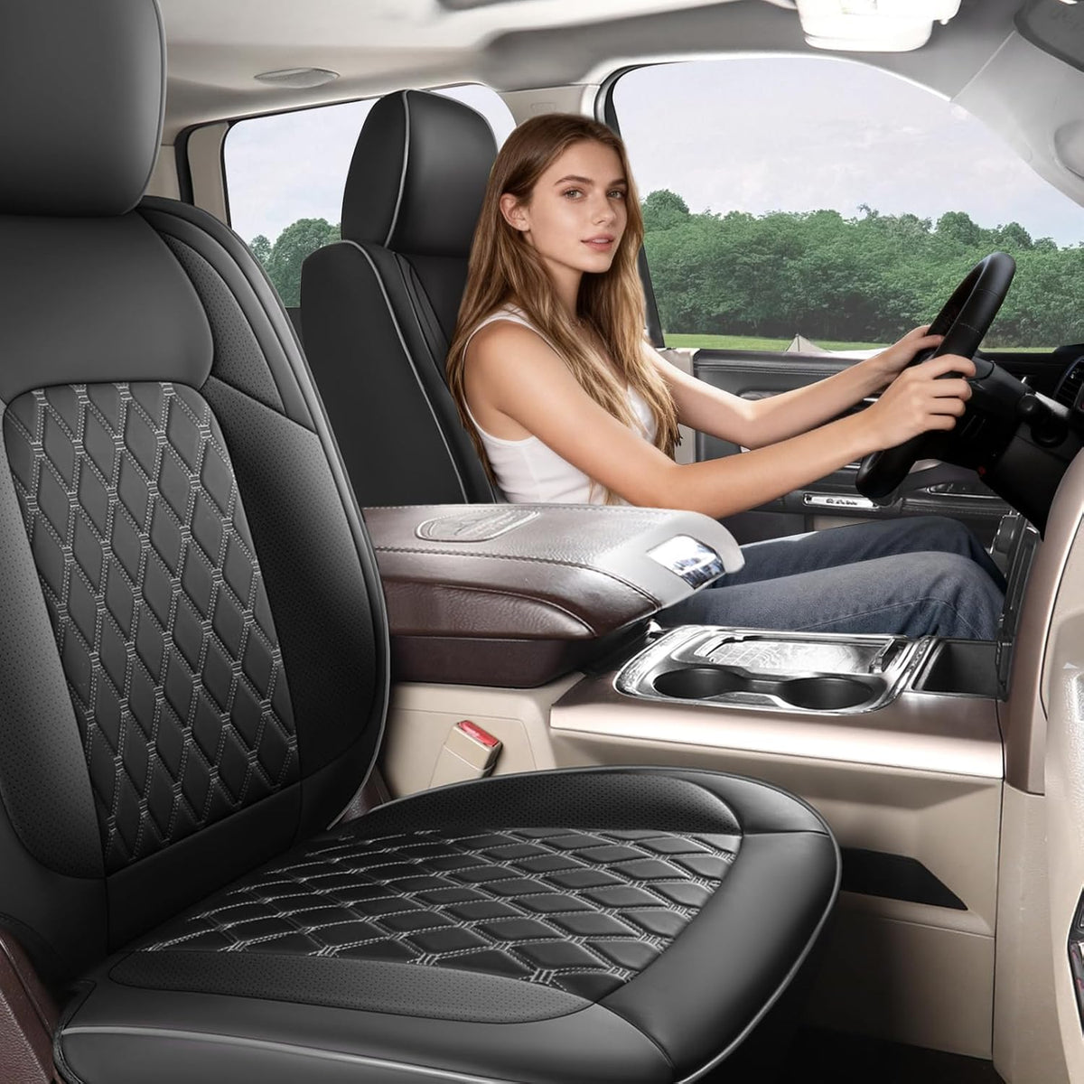 Custom Seat Covers fit for Dodge Ram 1500 2500 3500, Full Coverage Luxury Leather Ram Truck Seat Cover 2009-2025 Compatible with Crew Cab Double Quad Regular ( Full Set (Flat Front/Curved Rear))