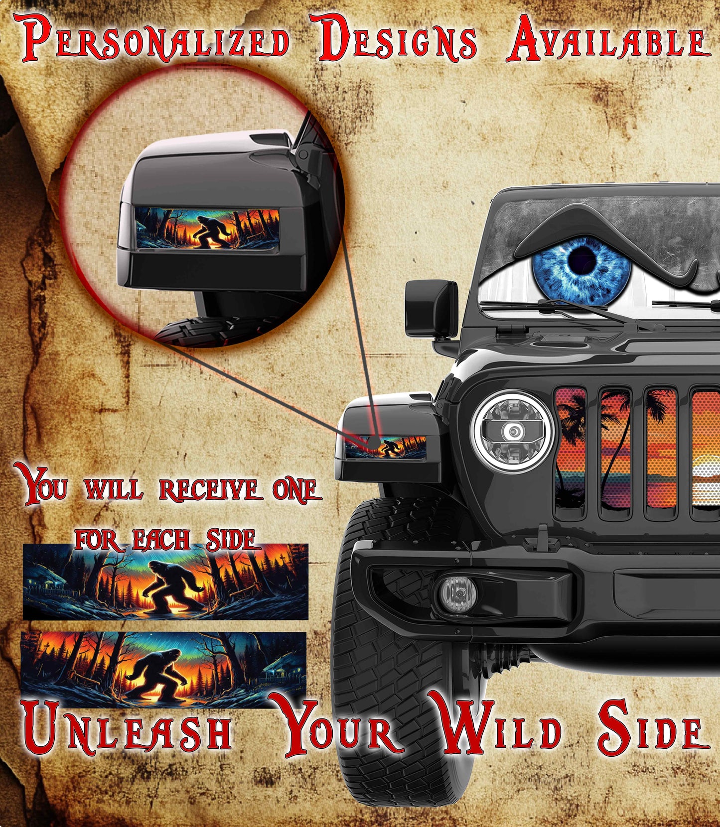 Bigfoot in the woods Jl and Gladiator Turn signal decal. 54