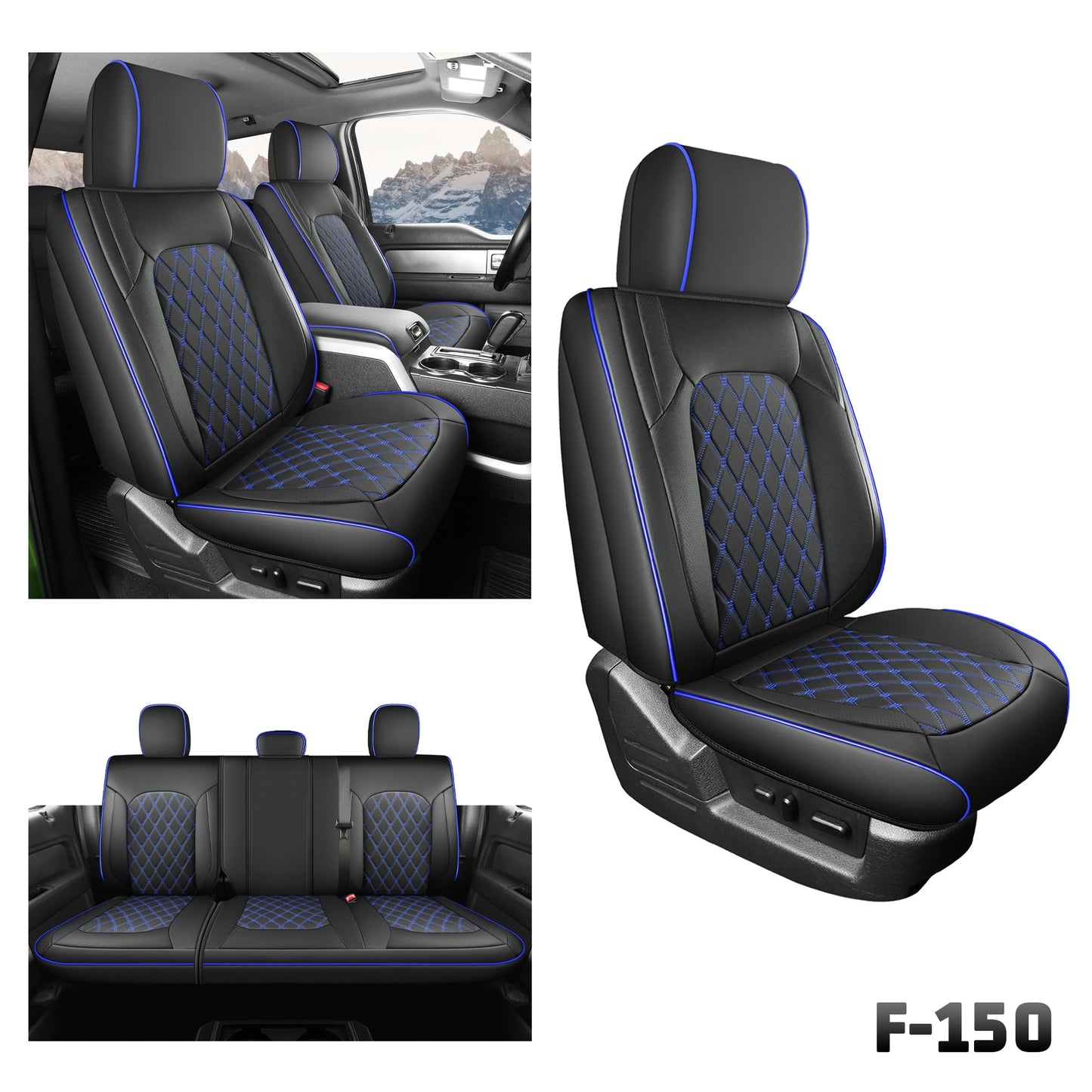 Umbrauto Custom Fit Seat Covers for Ford F150, Pickup Truck Nappa Leather Seatcovers for 2015-2025 Ford F150 SuperCrew/ 2017-2025 F250 F350 F450 Super Duty Crew Cab XL XLT Lariat King Ranch Platinum,Blue