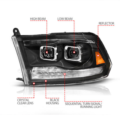 ANZO 09-19 Dodge RAM 1500 / 10-18 2500/3500 LED Proj Headlights SeqSig Black - Pair 111626A