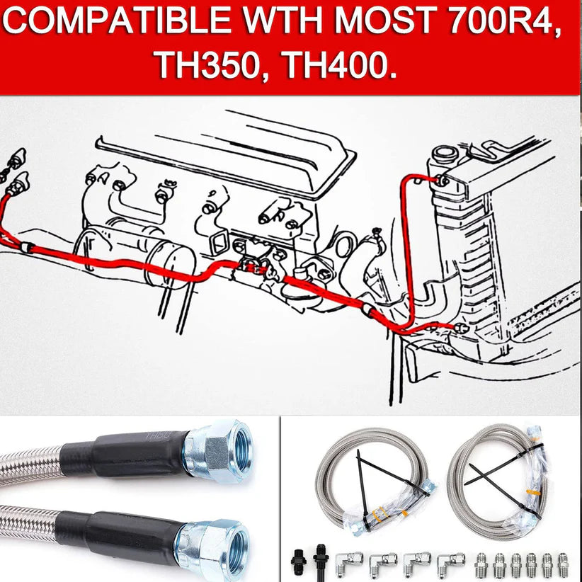 BULL BOOST PERFORMANCE Flexible Stainless Steel Braided Transmission Cooler Hose Line Kit For GM Chevy 4L80E 1996+