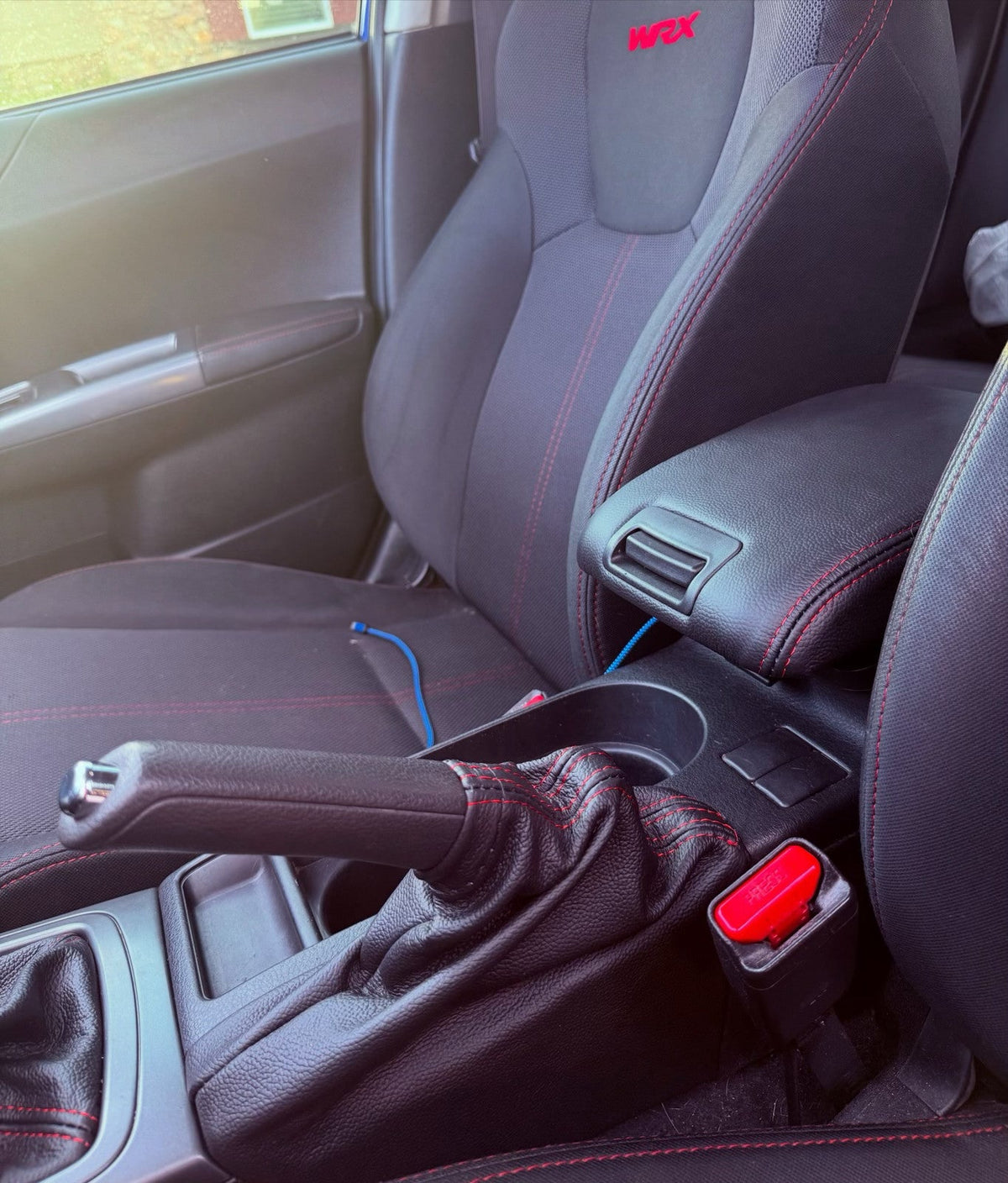 2008 - 2016 Subaru Impreza WRX STI Shift E-Brake Boot & Console Lid Cover Set In Black With Red Stitching