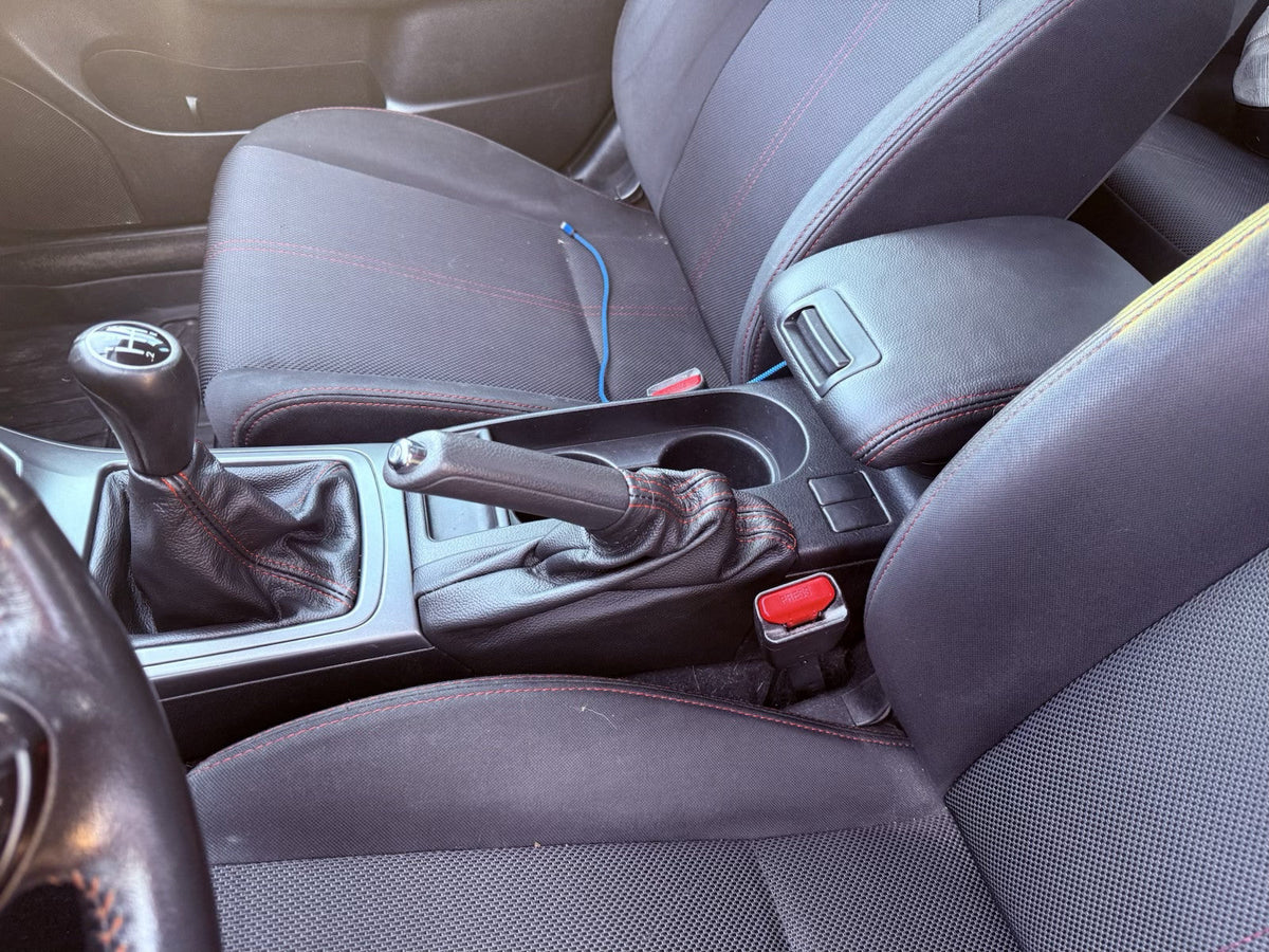 2008 - 2016 Subaru Impreza WRX STI Shift E-Brake Boot & Console Lid Cover Set In Black With Red Stitching