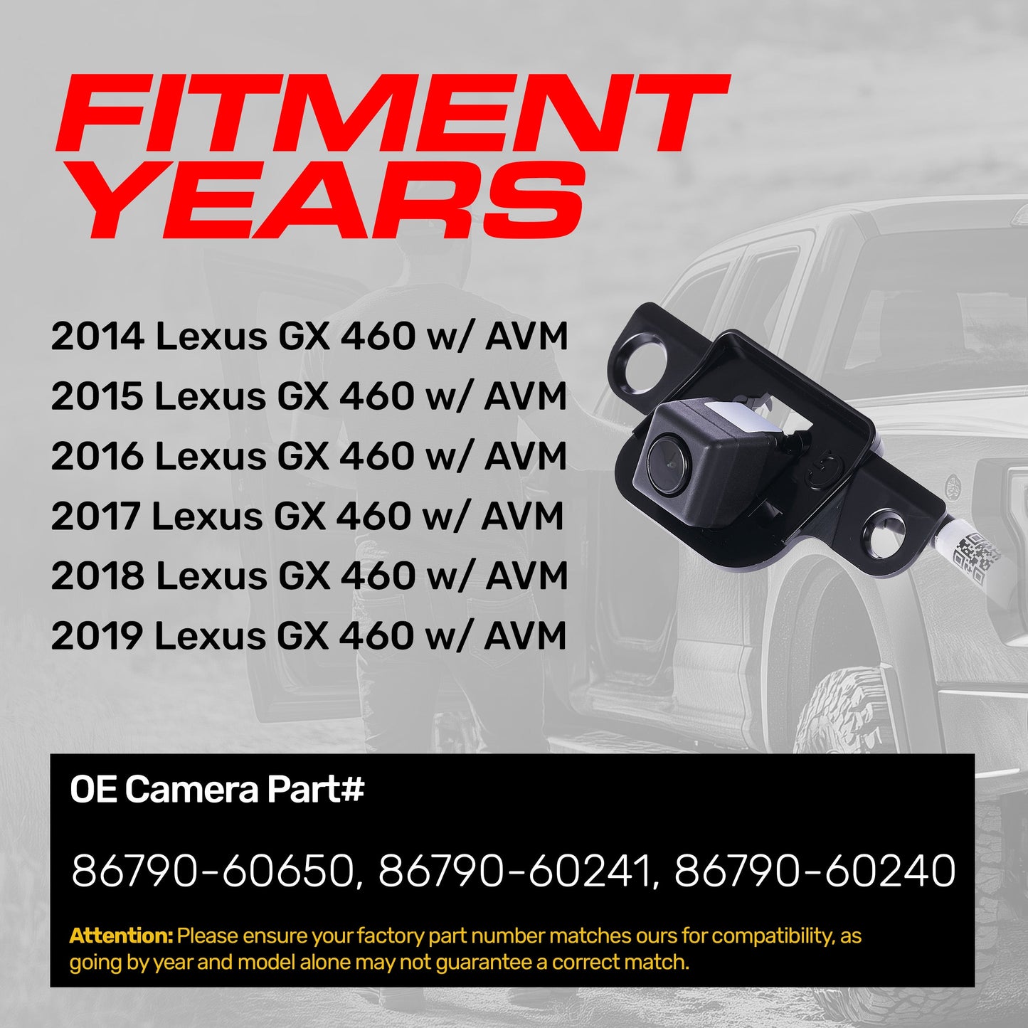 Lexus GX 460 w/ AVM (2014-2019) OEM Replacement Backup Camera OE Part # 86790-60650, 86790-60241, 86790-60240