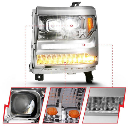 ANZO 16-18 Chevrolet Silverado 1500 LED Projector Headlights w/Plank Style Switchback Chrome w/Amber 111421