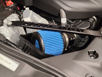 BMS intake system installed on Toyota Supra A90 engine bay blue filter