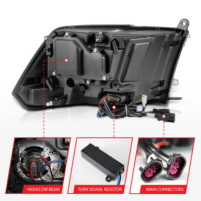 ANZO 2009-2018 Dodge Ram 1500 Projector Headlights Plank Style Halo w/Switchback Matte Black 111489