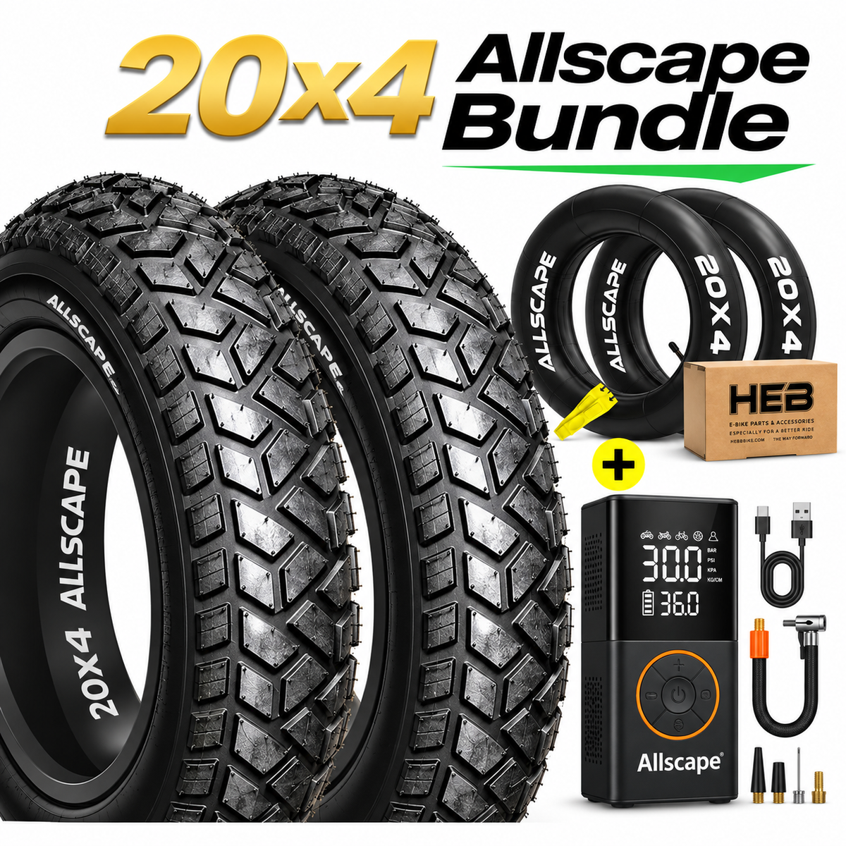 HEB ALLSCAPE® BUNDLE Fat Tires-  SET OF 20"x 4.0" (2) Tires, (2)Tubes, and a Tire Inflator.