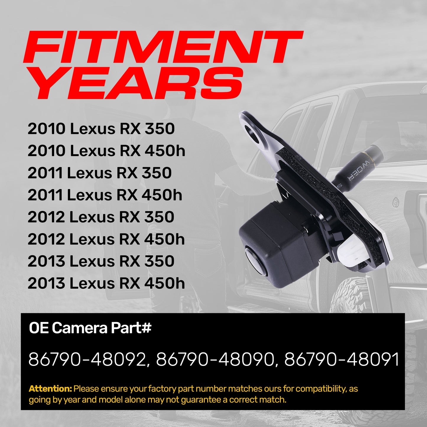 Lexus RX 350/450h (2010-2013) OEM Replacement Backup Camera OE Part # 86790-48090, 86790-48091, 86790-48092