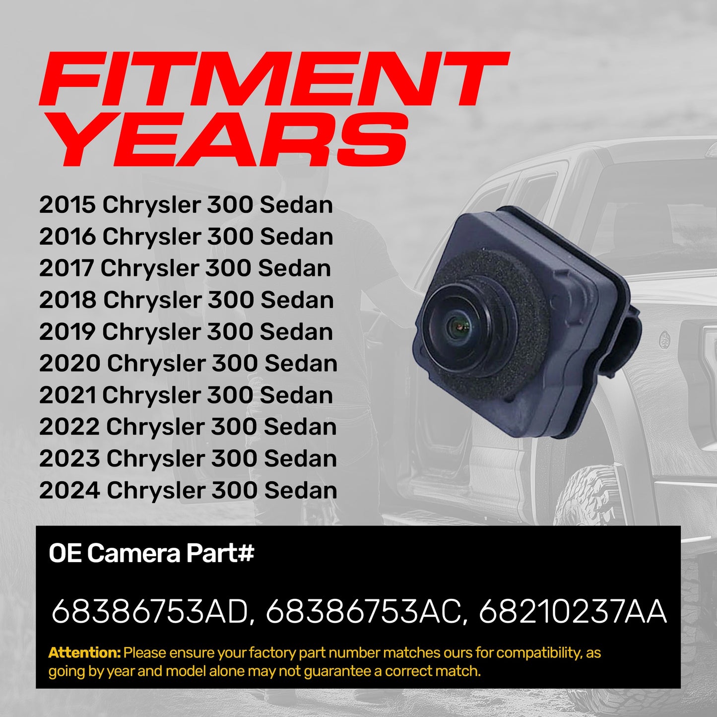Chrysler 300 Sedan (2015-2024) OEM Replacement Backup Camera OE Part # 68386753AC, 68386753AD, 68210237AA