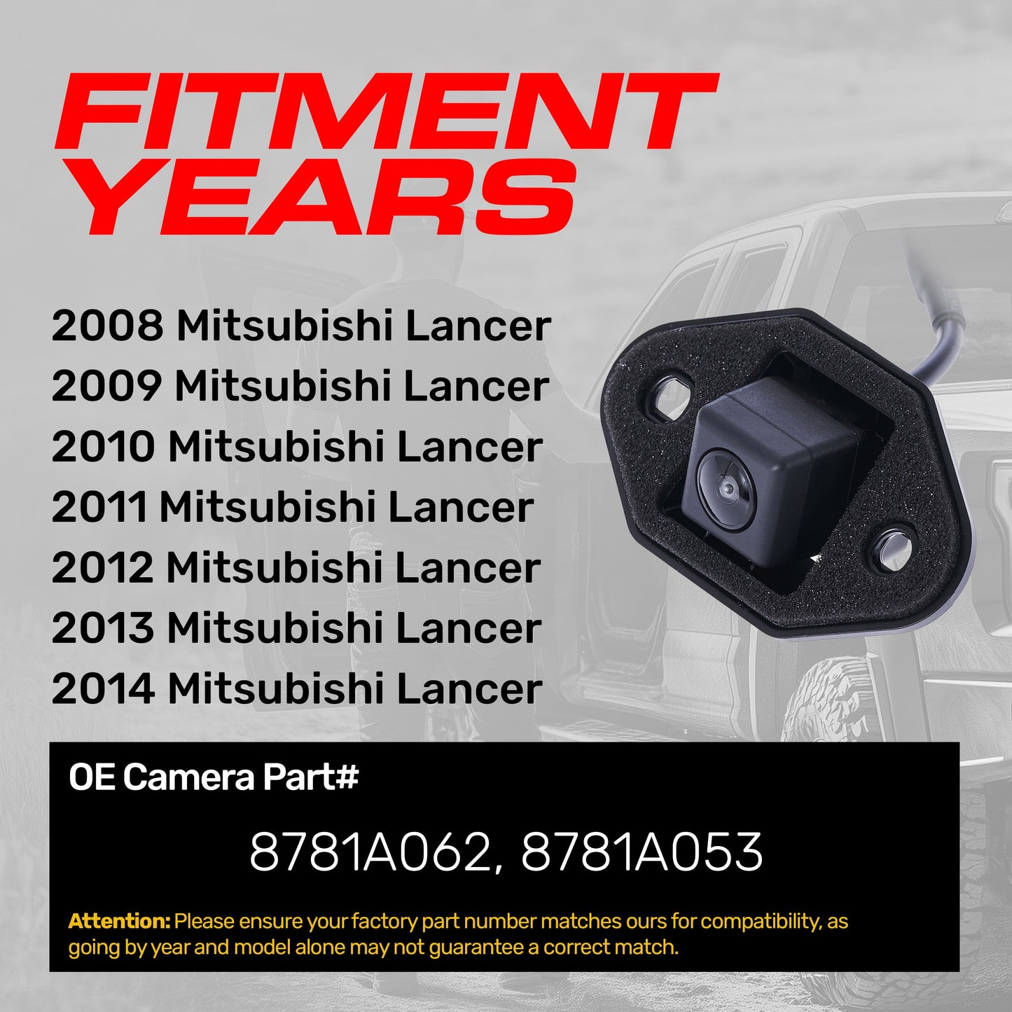 Mitsubishi Lancer (2008-2014) OEM Replacement Backup Camera OE Part # 8781A062, 8781A053