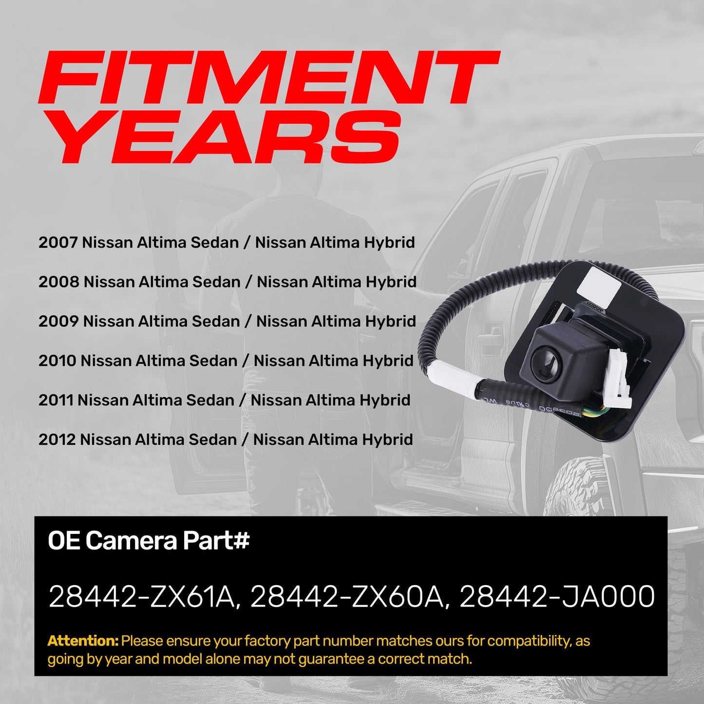 Nissan Altima Sedan/Hybrid (2007-2012) OEM Replacement Backup Camera OE Part # 28442-JA000, 28442-ZX60A, 28442-ZX61A