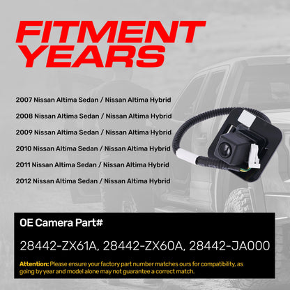 Nissan Altima Sedan/Hybrid (2007-2012) OEM Replacement Backup Camera OE Part # 28442-JA000, 28442-ZX60A, 28442-ZX61A