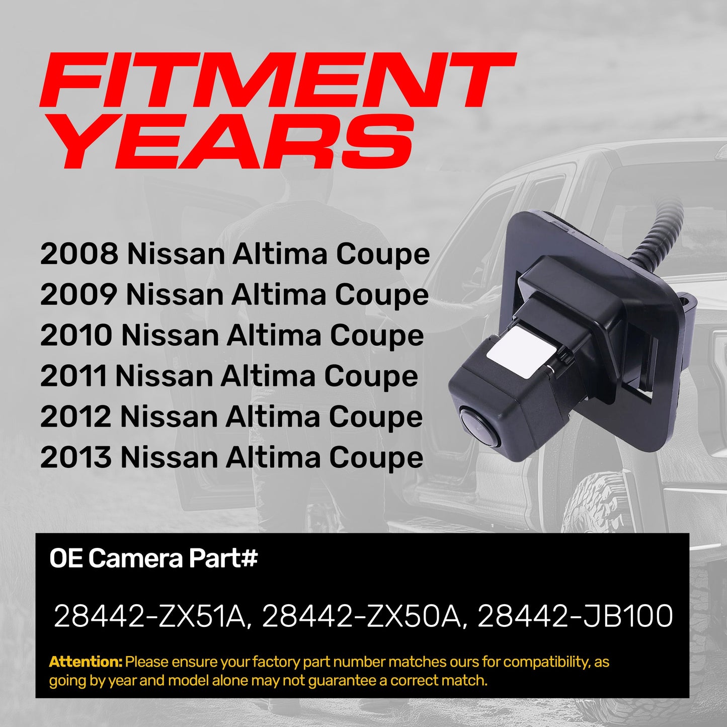 Nissan Altima Coupe (2008-2013) OEM Replacement Backup Camera OE Part # 28442-JB100, 28442-ZX50A, 28442-ZX51A