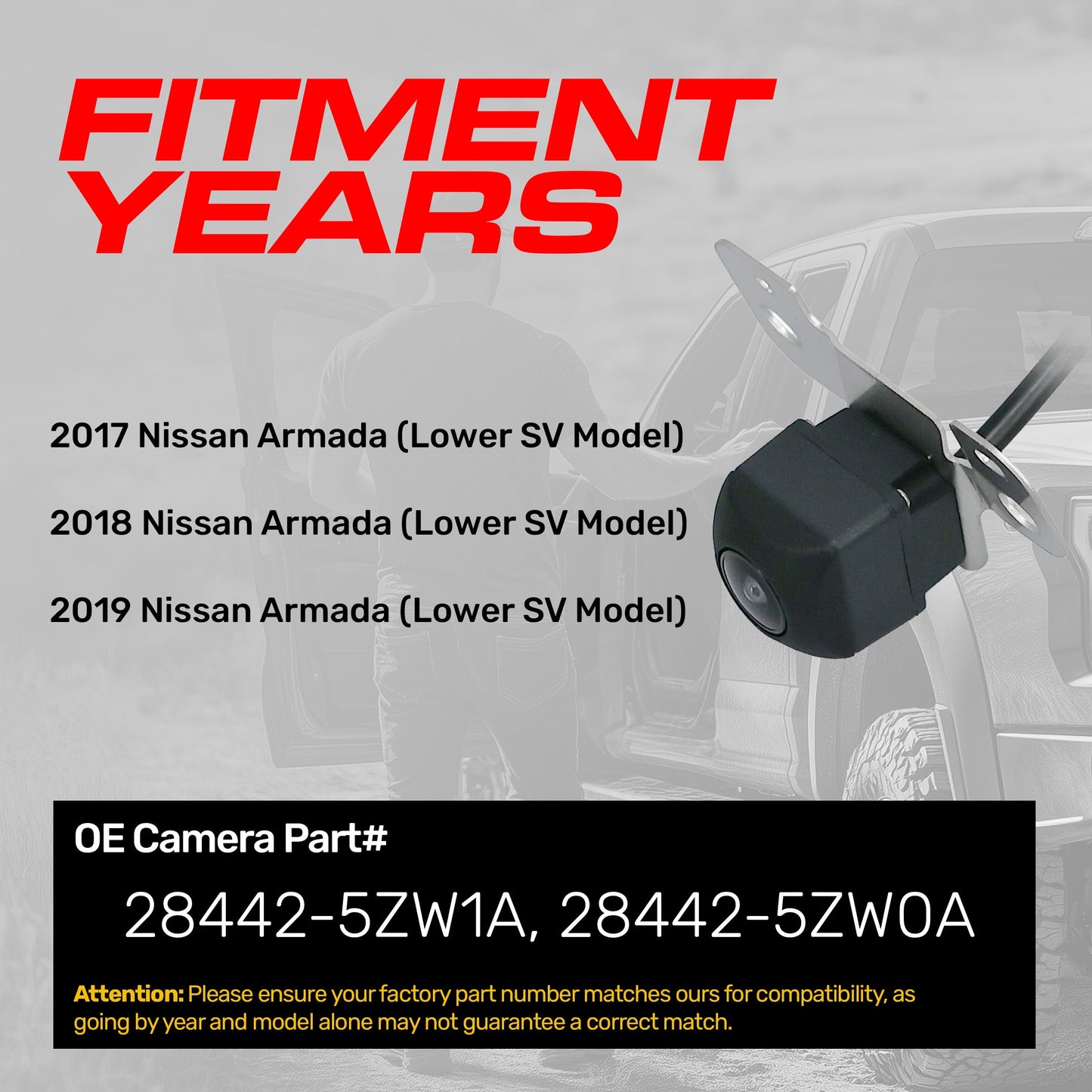Nissan Armada Lower SV Model (2017-2019) OEM Replacement Backup Camera OE Part # 28442-5ZW0A, 28442-5ZW1A