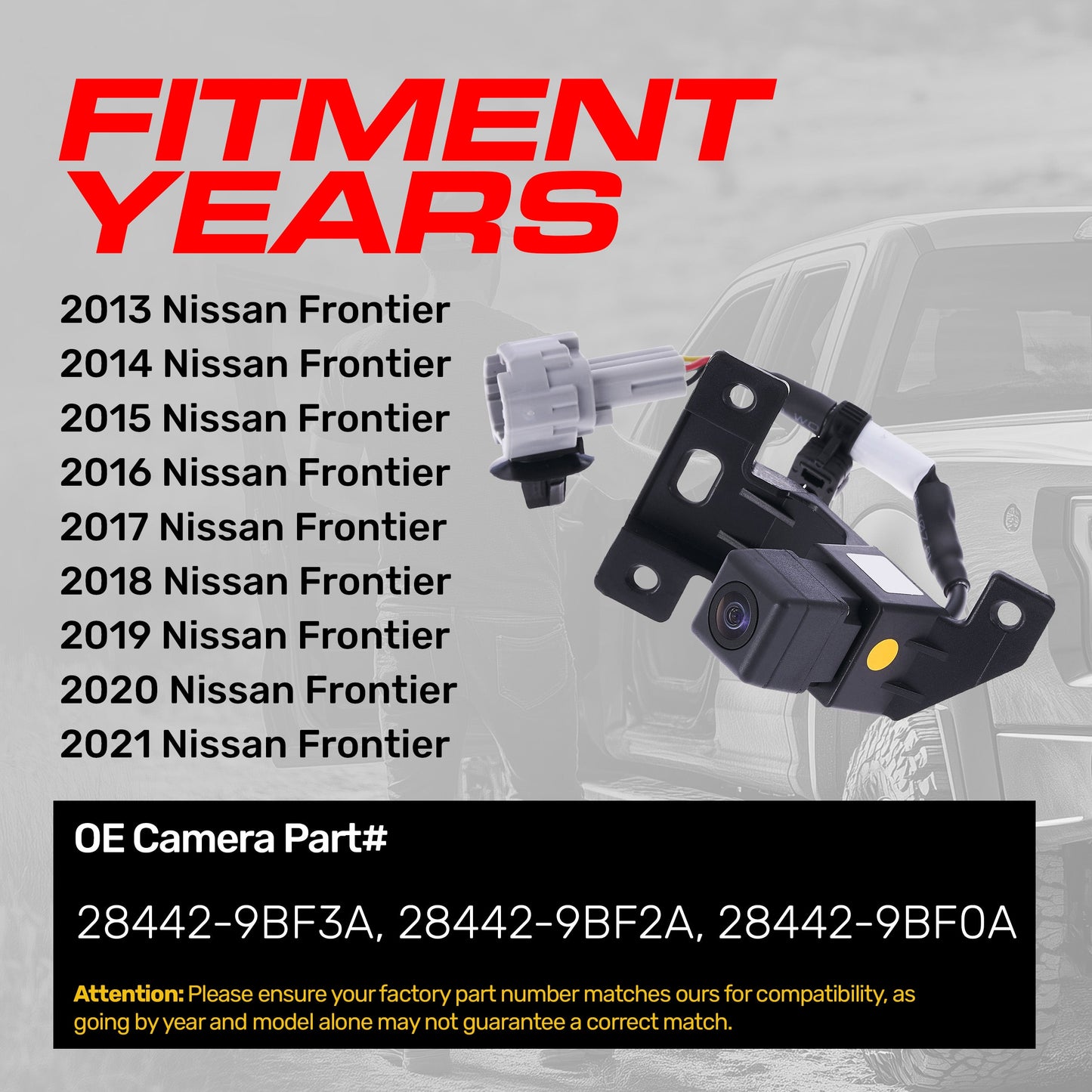 Nissan Frontier (2013-2021) OEM Replacement Backup Camera OE Part # 28442-9BF0A, 28442-9BF2A, 28442-9BF3A