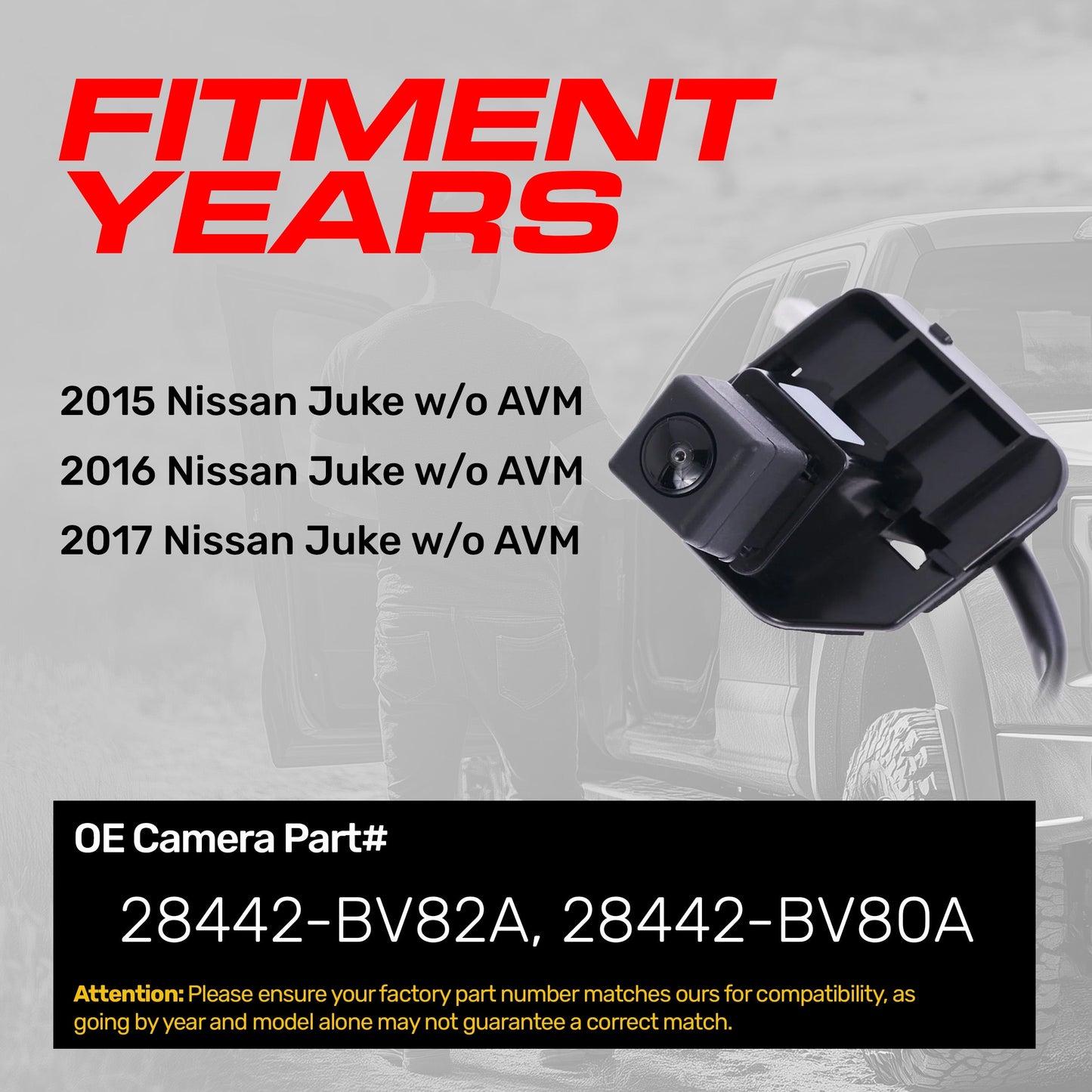 Nissan Juke w/o AVM (2015-2017) OEM Replacement Backup Camera OE Part # 28442-BV80A, 28442-BV82A