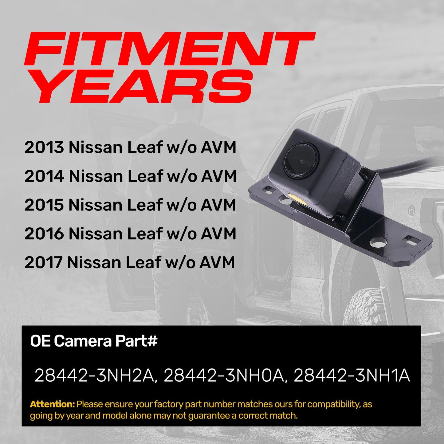 Nissan Leaf w/o AVM (2013-2017) OEM Replacement Backup Camera OE Part # 28442-3NH0A, 28442-3NH1A, 28442-3NH2A