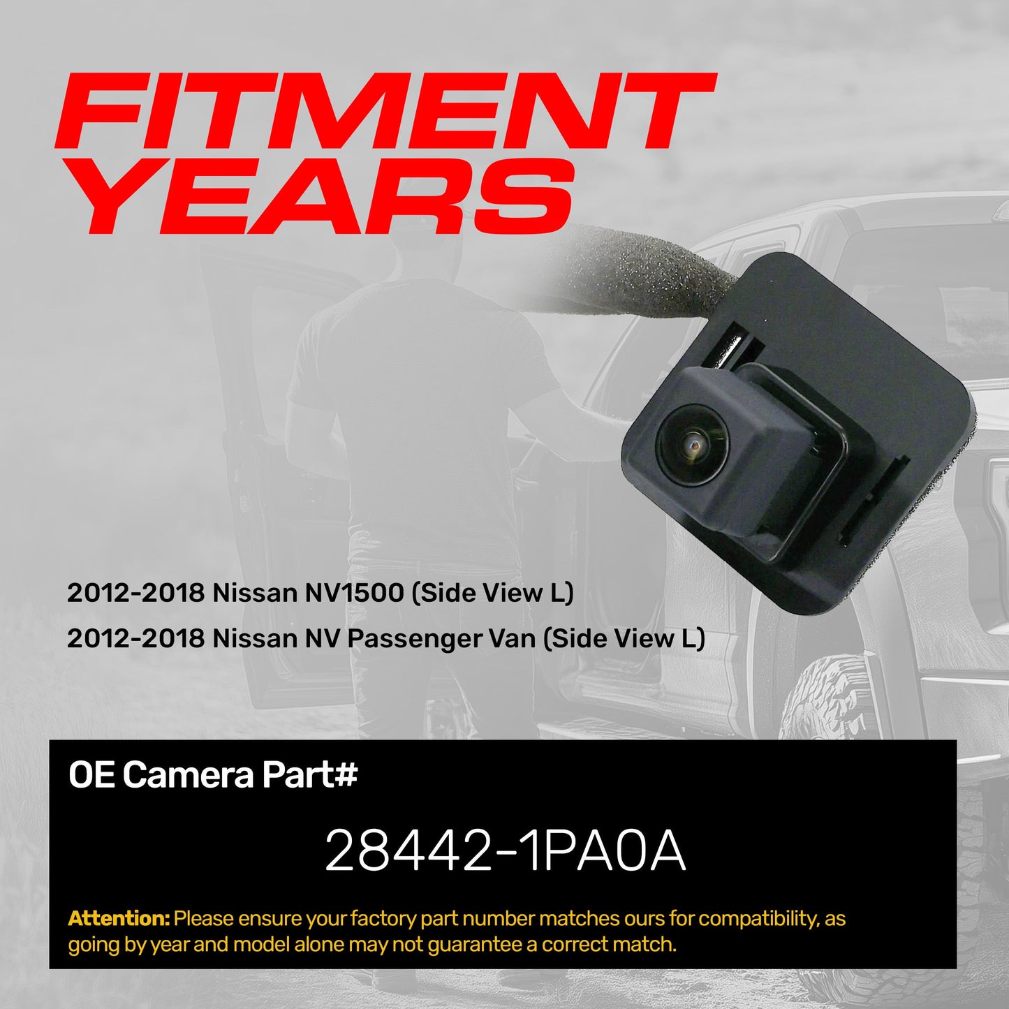 Nissan NV1500 (2012-2018), NV Passenger Van (2012-2018) Left Rear View OEM Replacement Backup Camera OE Part # 28442-1PA0A