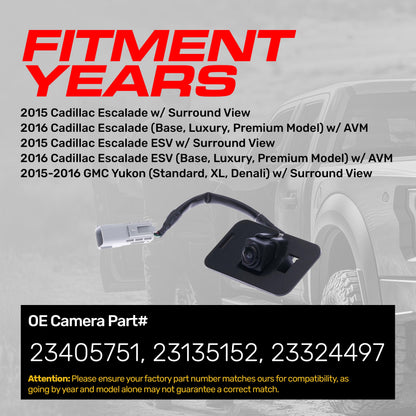 Cadillac Escalade/Escalade ESV w/Surround View (15), w/AVM (16) / GMC Yukon/XL/Denali w/Surround View (15-16) OEM Replacement Backup Camera OE Part # 23405751, 23135152, 23324497