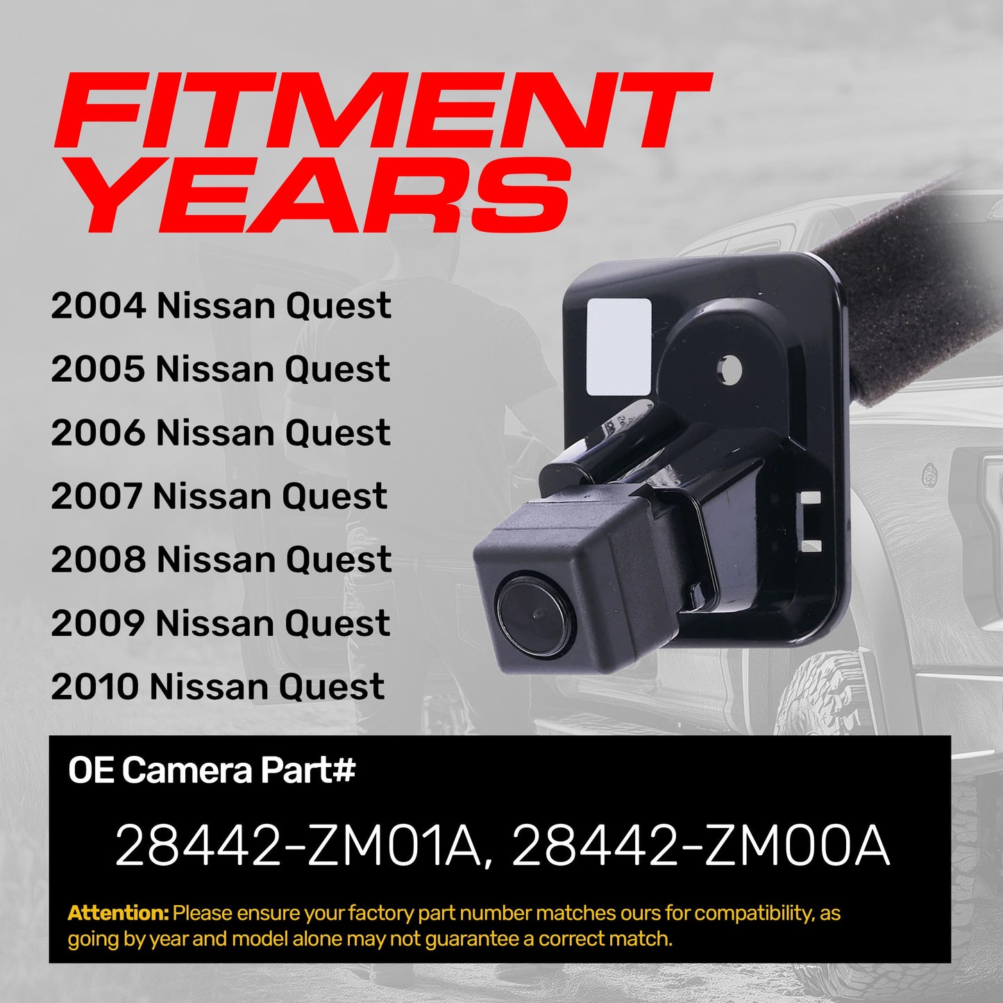 Nissan Quest (2004-2010) OEM Replacement Backup Camera OE Part # 28442-ZM00A, 28442-ZM01A