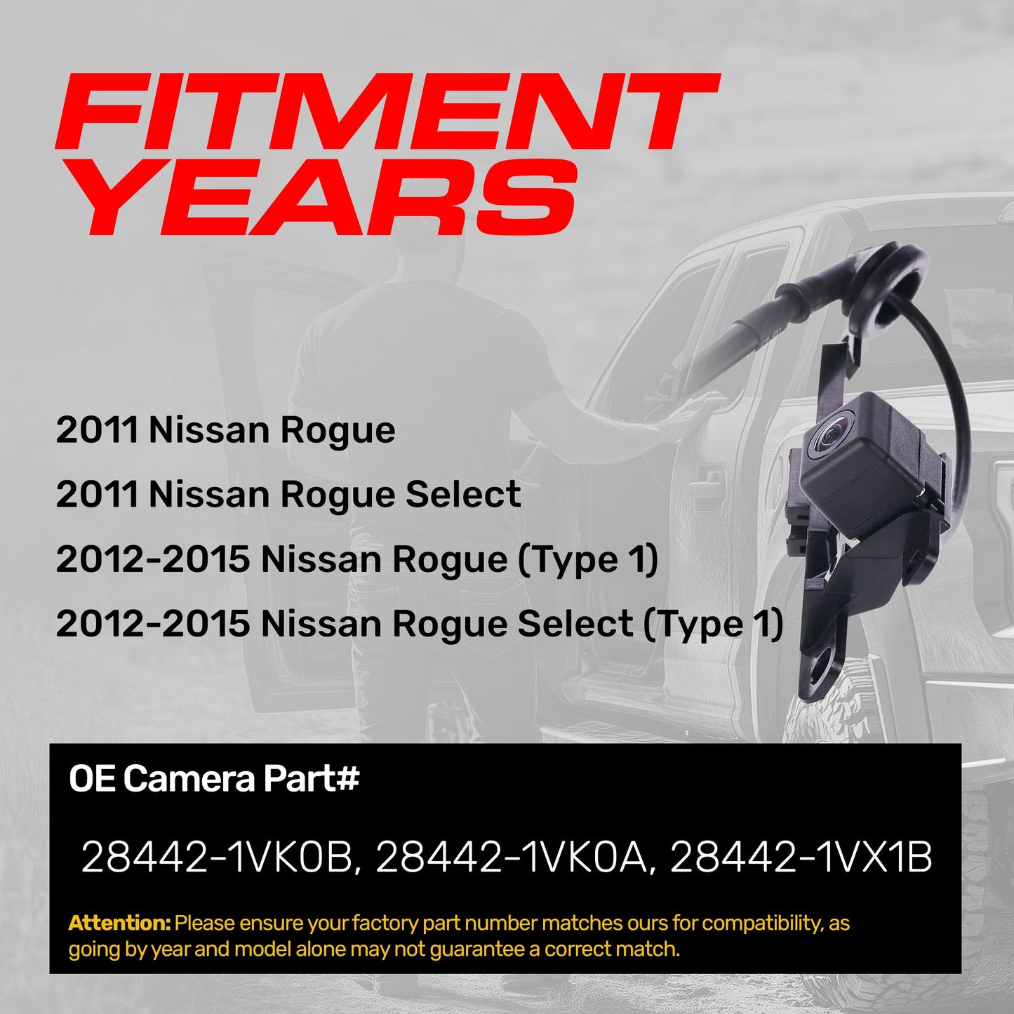 Nissan Rogue/Rogue Select (2011), Rogue/Rogue Select Type 1 (2012-2015) OEM Replacement Backup Camera OE Part # 28442-1VK0A, 28442-1VK0B, 28442-1VX1B