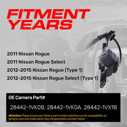 Nissan Rogue/Rogue Select (2011), Rogue/Rogue Select Type 1 (2012-2015) OEM Replacement Backup Camera OE Part # 28442-1VK0A, 28442-1VK0B, 28442-1VX1B