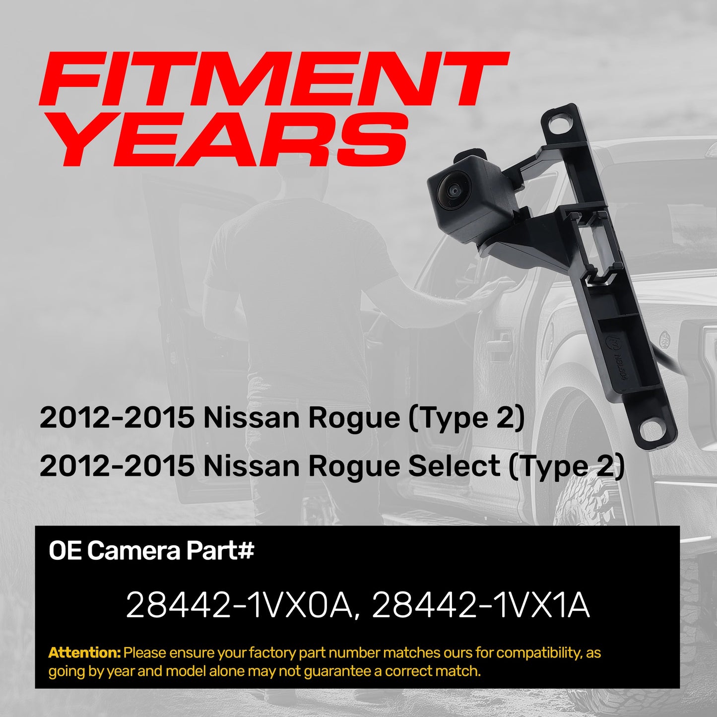 Nissan Rogue/Rogue Select Type 2 (2012-2015) OEM Replacement Backup Camera OE Part # 28442-1VX0A, 28442-1VX1A