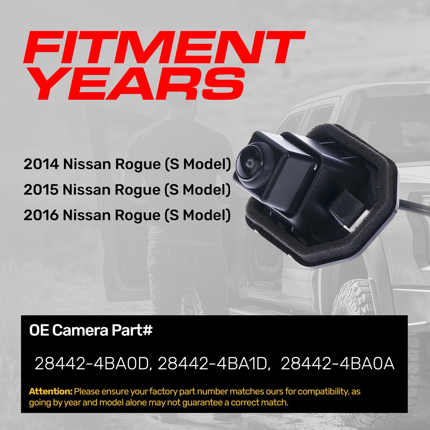 Nissan Rogue S Model (2014-2016) OEM Replacement Backup Camera OE Part # 28442-4BA0D, 28442-4BA1D,  28442-4BA0A