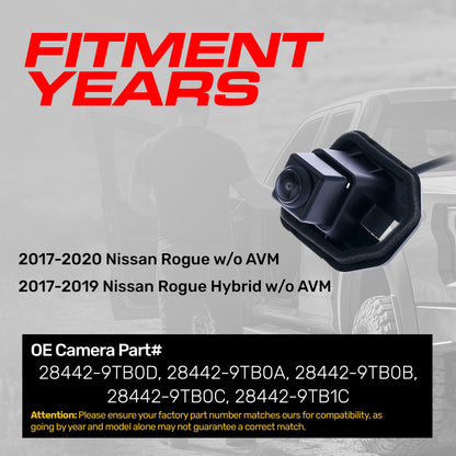 Nissan Rogue w/o AVM (2017-2020), Rogue Hybrid w/o AVM (2017-2019) OEM Replacement Backup Camera OE Part # 28442-9TB0D, 28442-9TB0A, 28442-9TB0B, 28442-9TB0C, 28442-9TB1C