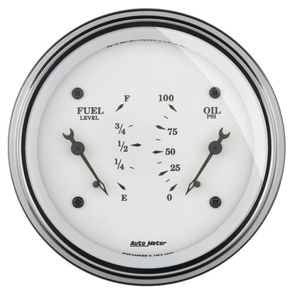 AutoMeter Gauge Dual Fuel & Oilp 3-3/8in. 0 Ohm(e) to 90 Ohm(f)& 100PSI Elec Old Tyme White 1624