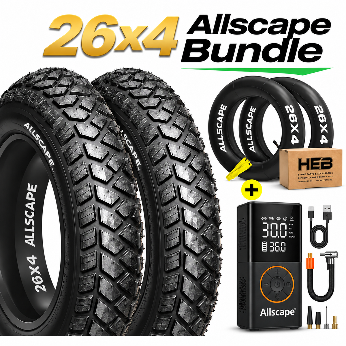 HEB ALLSCAPE® BUNDLE Fat Tires-  SET OF 26"x 4.0" (2) Tires, (2)Tubes, and an Electric Tire Inflator