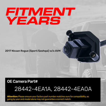 Nissan Rogue Sport/Qashqai w/o AVM (2017) OEM Replacement Backup Camera OE Part # 28442-4EA0A, 28442-4EA1A