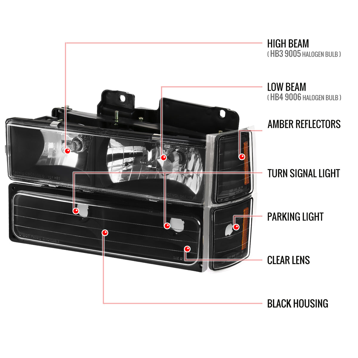 1994-1998 Chevrolet Silverado/Tahoe/Suburban/C10 Factory Style Headlights w/ Bumper & Corner Lights (Matte Black Housing/Clear Lens)