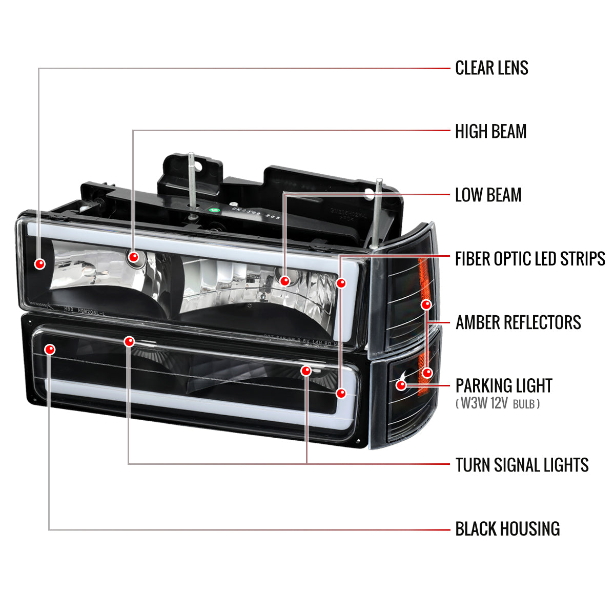 1994-1998 GMC C10 / C/K / Suburban / Sierra / Yukon  LED Bar Factory Style Headlights, Corner Lights, and Bumper Lights (Matte Black Housing/Clear Lens)