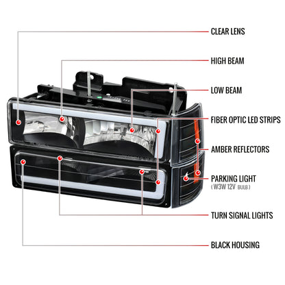 1994-1998 GMC C10 / C/K / Suburban / Sierra / Yukon  LED Bar Factory Style Headlights, Corner Lights, and Bumper Lights (Matte Black Housing/Clear Lens)