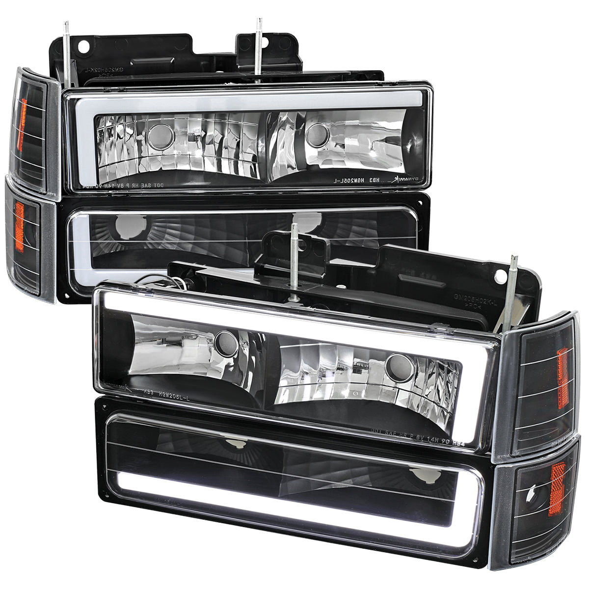 1994-1998 GMC C10 / C/K / Suburban / Sierra / Yukon  LED Bar Factory Style Headlights, Corner Lights, and Bumper Lights (Matte Black Housing/Clear Lens)