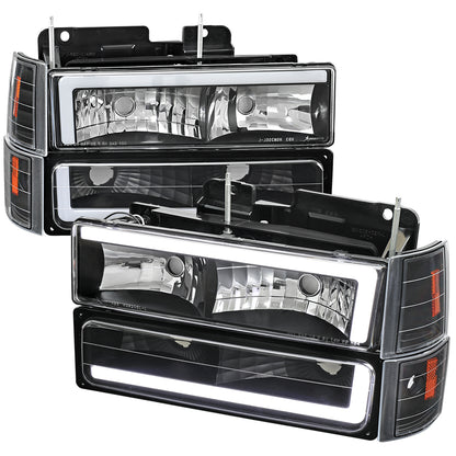 1994-1998 GMC C10 / C/K / Suburban / Sierra / Yukon  LED Bar Factory Style Headlights, Corner Lights, and Bumper Lights (Matte Black Housing/Clear Lens)