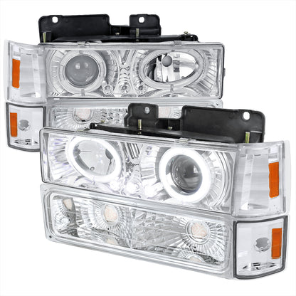 1994-1999 GMC C/K C10 Sierra Dual Halo Projector Headlights With Bumper and Corner Signal Lights (Chrome Housing/Clear Lens)