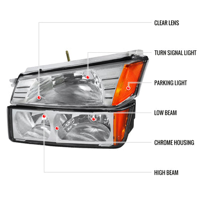 2002-2006 Chevrolet Avalanche 1500/2500 Factory Style Headlights w/ Bumper Signal Lights (Chrome Housing/Clear Lens)