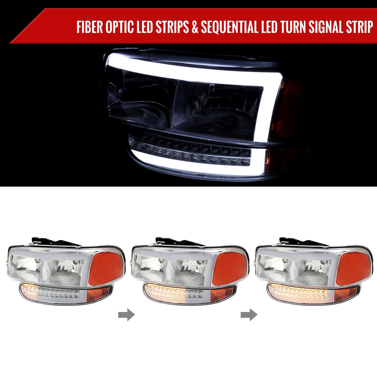 1999-2006 GMC Sierra Denali/2007 Sierra Classic Denali/2000-2006 Yukon/XL Denali Factory Style Headlights with LED Sequential Turn Signal Bumper Lights (Chrome Housing/Clear Lens)