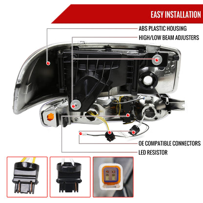 1999-2006 GMC Sierra Denali/2007 Sierra Classic Denali/2000-2006 Yukon/XL Denali Factory Style Headlights with LED Sequential Turn Signal Bumper Lights (Chrome Housing/Clear Lens)
