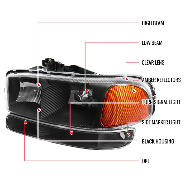 1999-2007 GMC Sierra/Yukon/Yukon XL Factory Style Crystal Headlights w/ Amber Reflector & Bumper Lights (Matte Black Housing/Clear Lens)