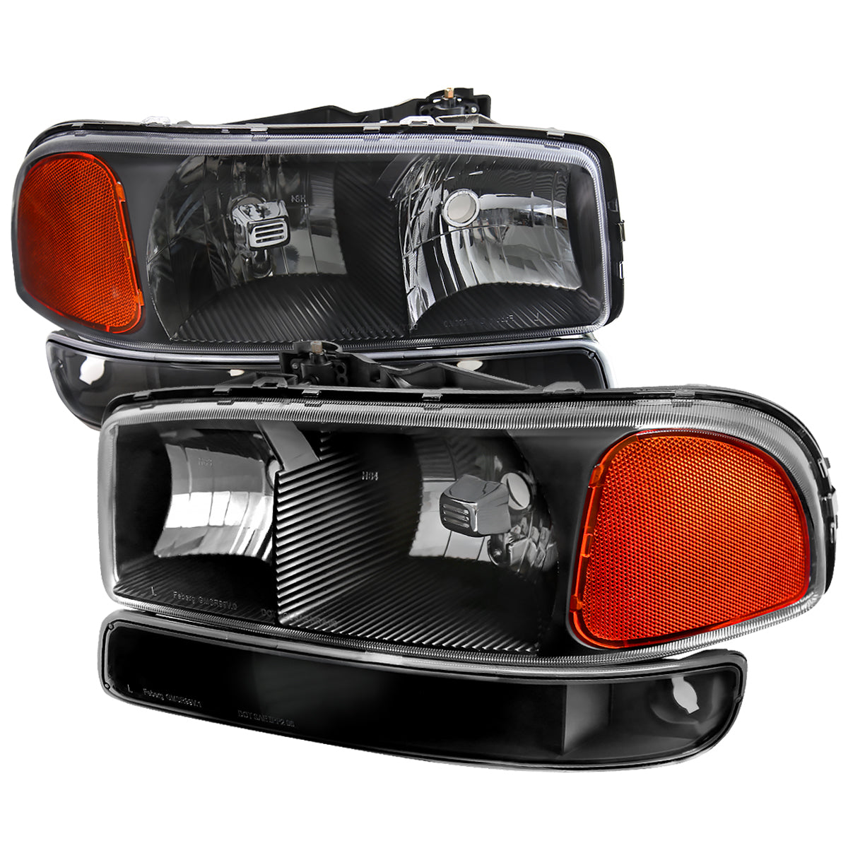 1999-2007 GMC Sierra/Yukon/Yukon XL Factory Style Crystal Headlights w/ Amber Reflector & Bumper Lights (Matte Black Housing/Clear Lens)